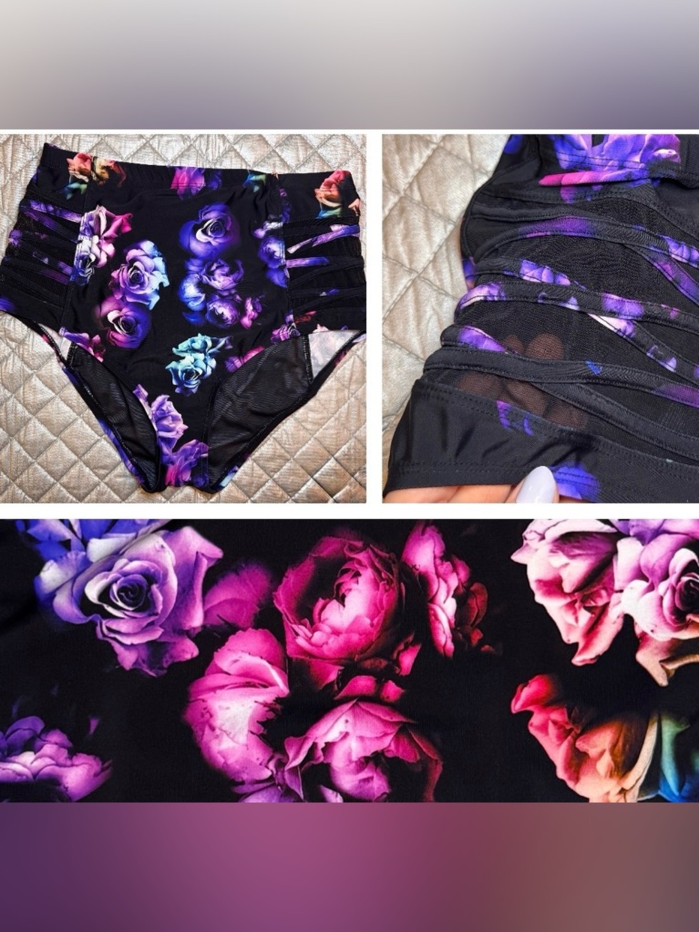 NWOT Torrid High Rise Swim Bottoms with Neon Roses & Side Mesh, Slimming Effect